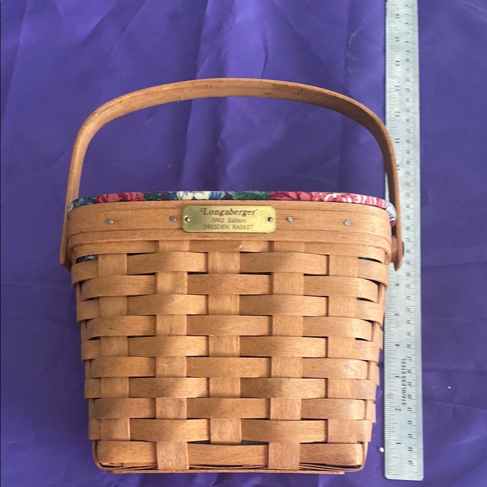Longaberger Brown Woven Basket with Floral Trim